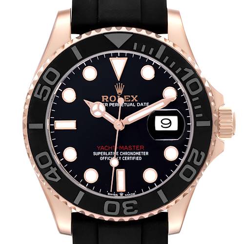 The Rolex Yacht-Master model 126655 is shown from the front, displaying its black dial, hour markers, date window, and black bezel.