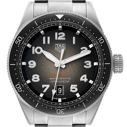 The image shows a front view of the Tag Heuer Autavia 63464 Men's Stainless Steel Brown Dial 63464 Men's Stainless Steel Brown Dial model watch, highlighting its face, bezel, and crown.