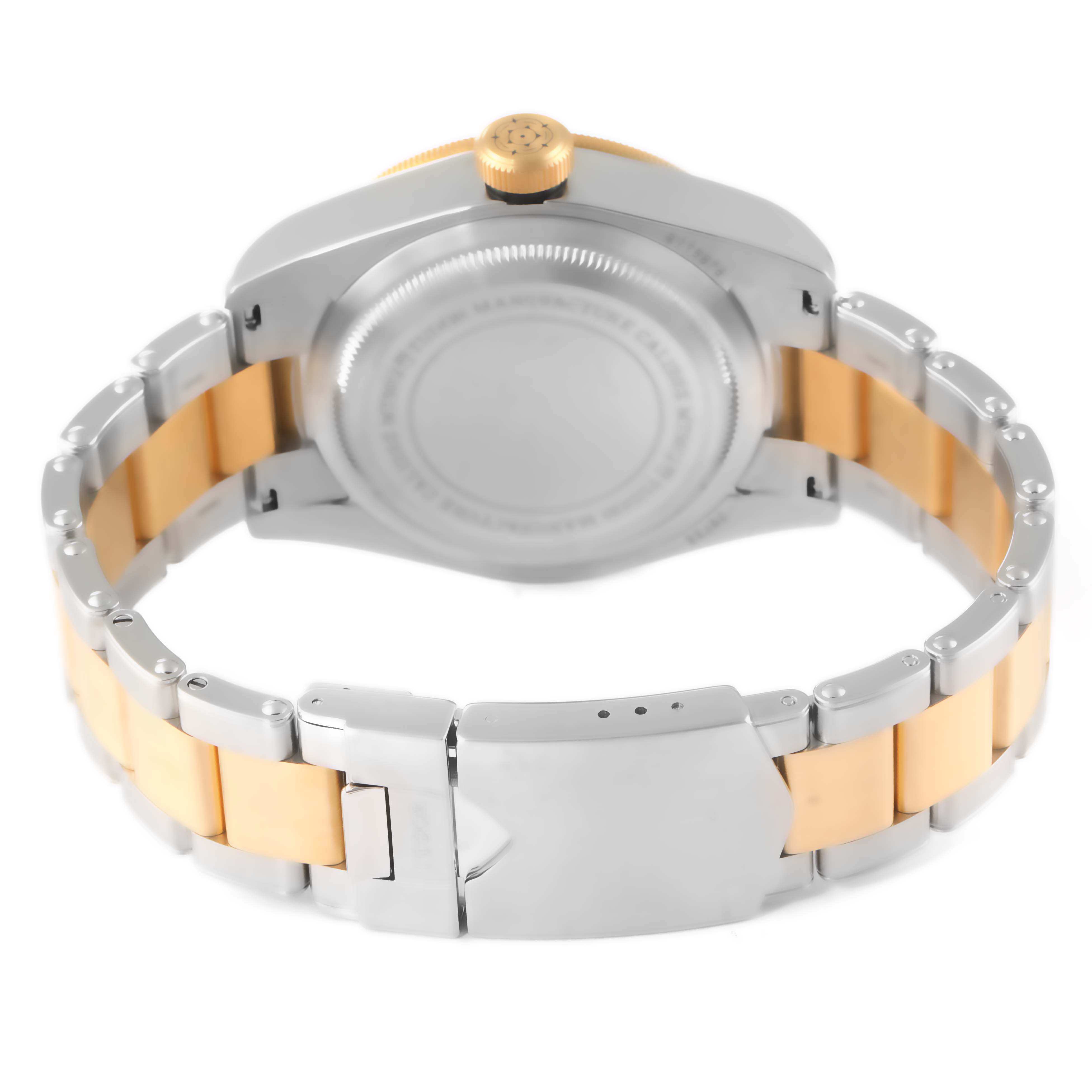 The image shows the back view of a Tudor Heritage Black Bay 79733 Men's Steel and Gold (two tone) Black Dial 79733 Men's Steel and Gold (two tone) Black Dial watch, focusing on the wristband and the crown.