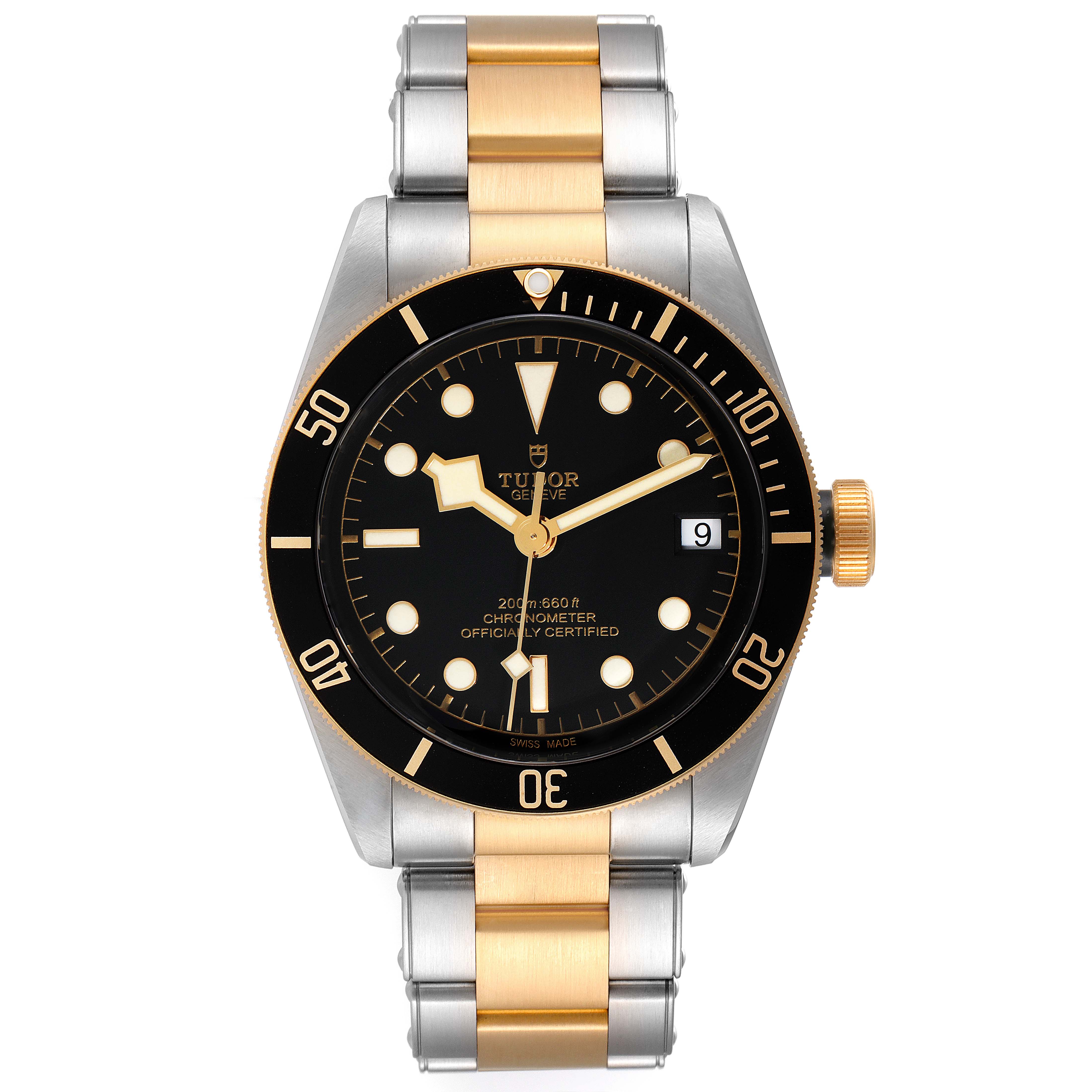 This image shows a front view of the Tudor Heritage Black Bay 79733 Men's Steel and Gold (two tone) Black Dial 79733 Men's Steel and Gold (two tone) Black Dial watch, displaying the dial, bezel, crown, and two-tone bracelet.
