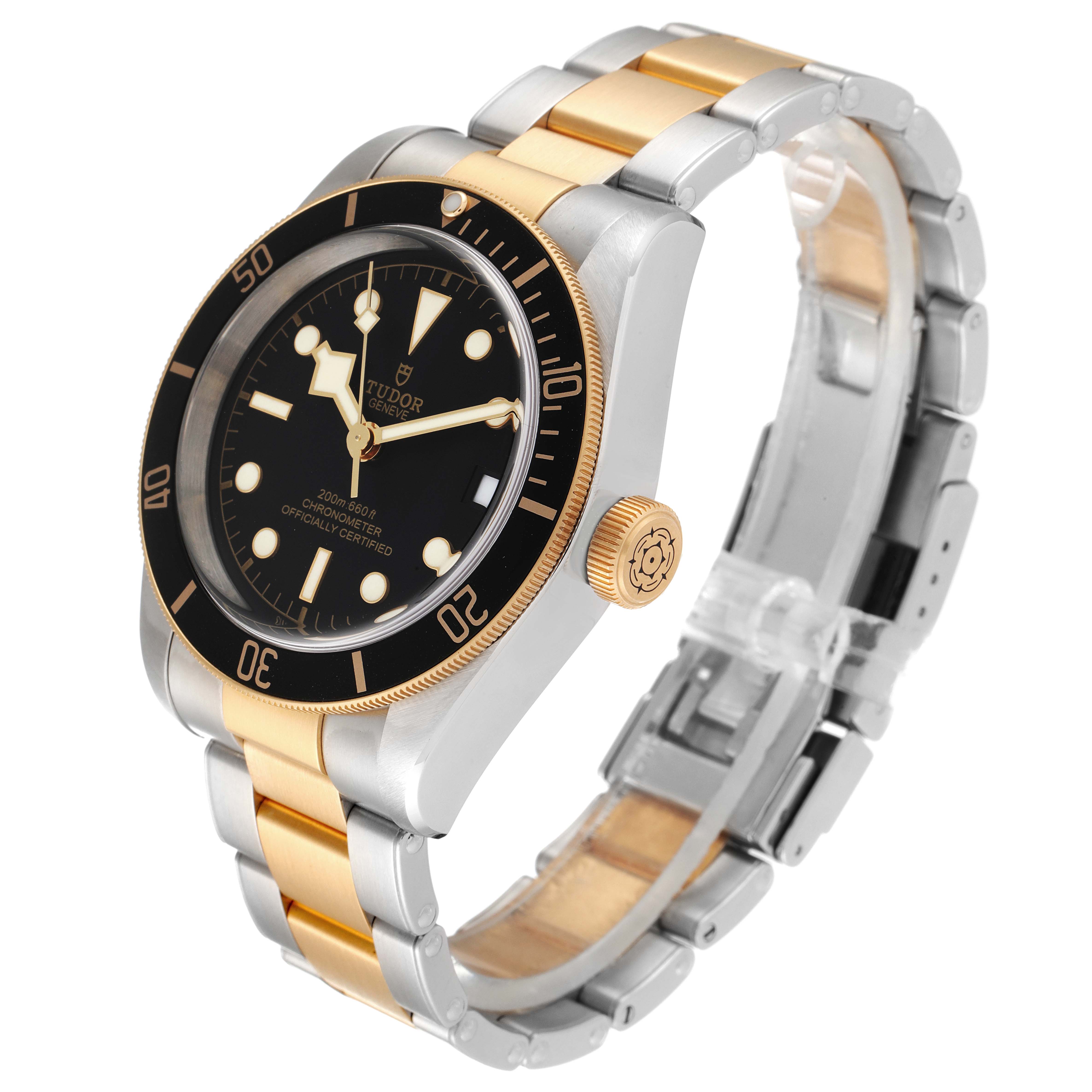 The Tudor Heritage Black Bay 79733 Men's Steel and Gold (two tone) Black Dial 79733 Men's Steel and Gold (two tone) Black Dial watch is shown at an angle highlighting its dial, bezel, case, and two-tone bracelet.