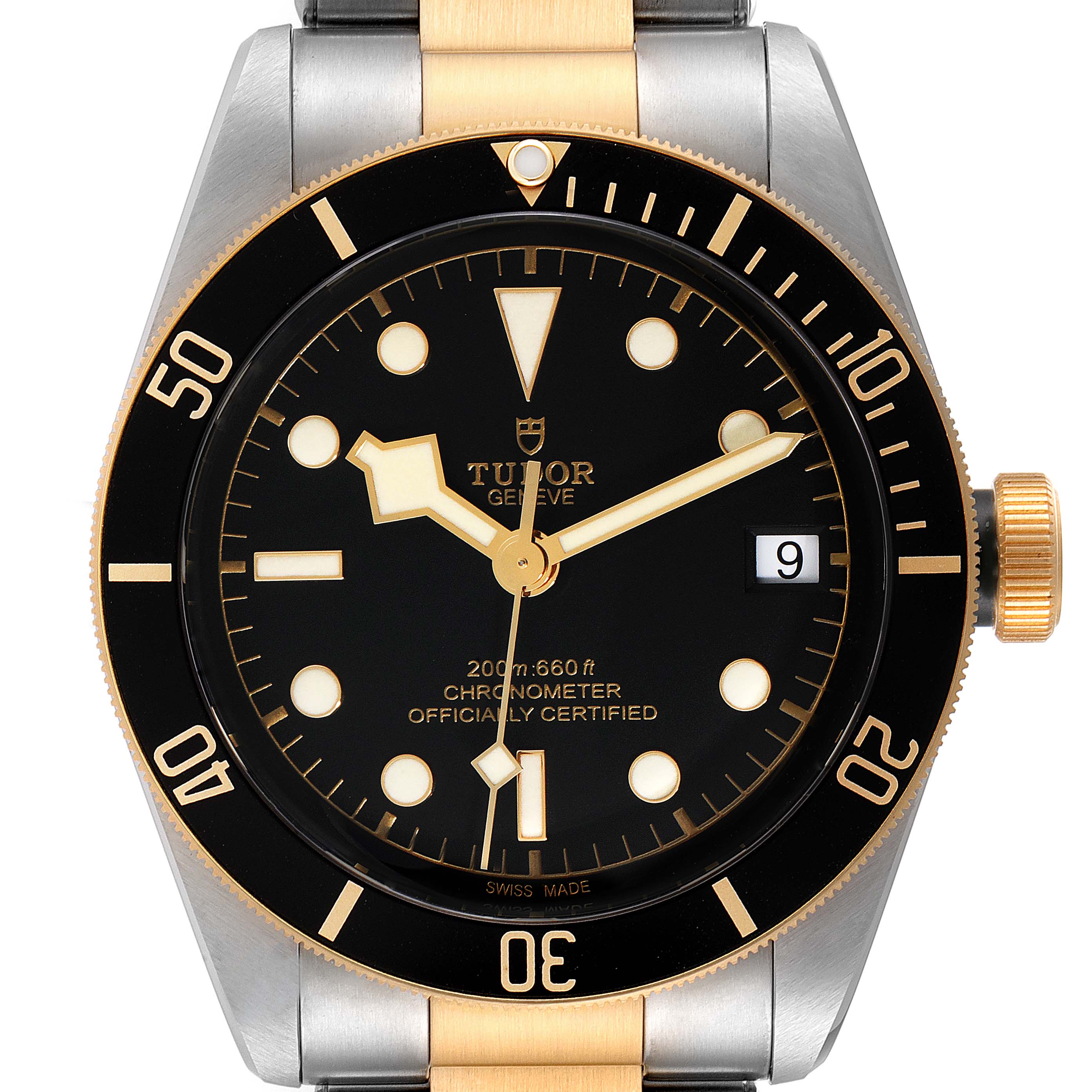 The image shows a front view of the Tudor Heritage Black Bay 79733 Men's Steel and Gold (two tone) Black Dial 79733 Men's Steel and Gold (two tone) Black Dial watch, highlighting the dial, bezel, crown, and part of the bracelet.