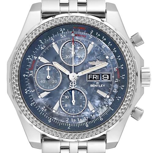 The Breitling Bentley A13362 Men's Stainless Steel Mother of Pearl Dial A13362 Men's Stainless Steel Mother of Pearl Dial watch is shown directly from the front, displaying the face, bezel, and start of the bracelet.