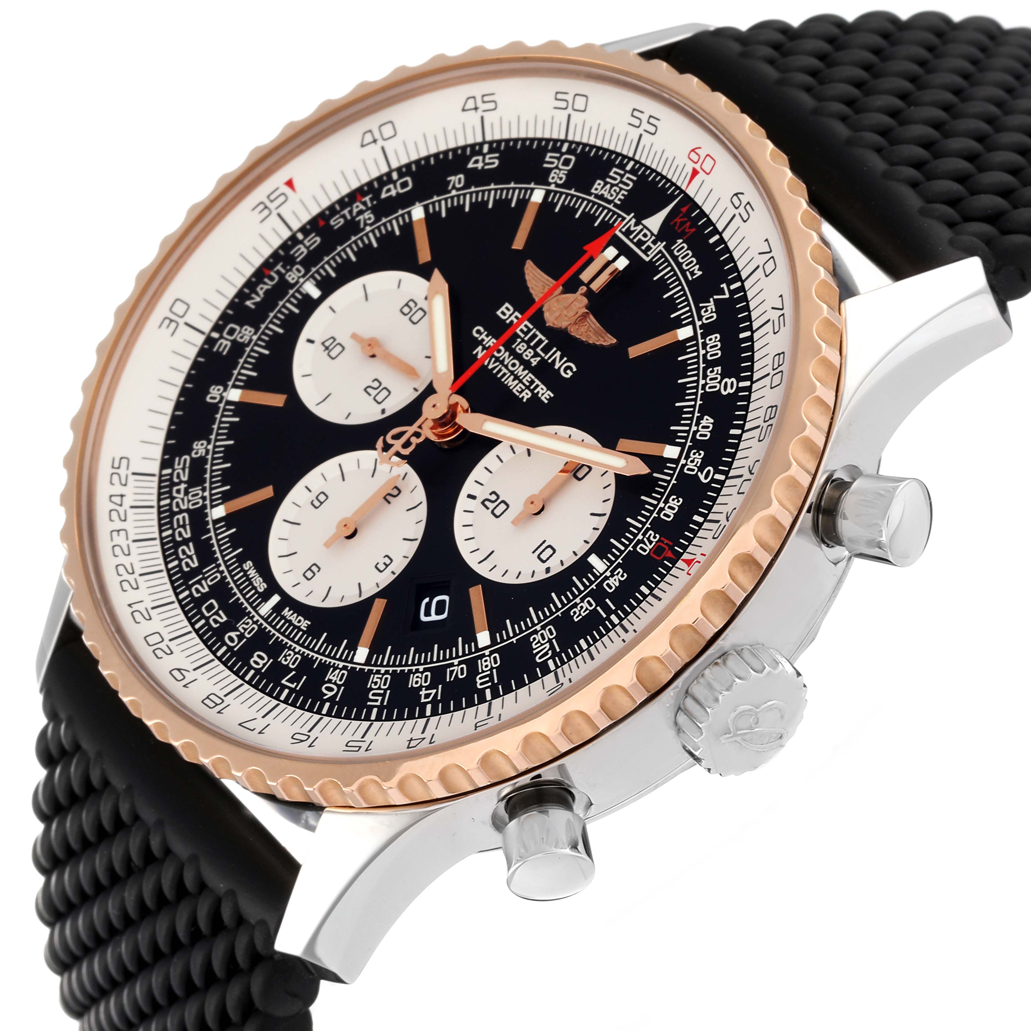 This image shows a side angle of a Breitling Navitimer UB0127 Men's Steel and Gold (two tone) Black Dial UB0127 Men's Steel and Gold (two tone) Black Dial watch, highlighting the bezel, subdials, and crown.