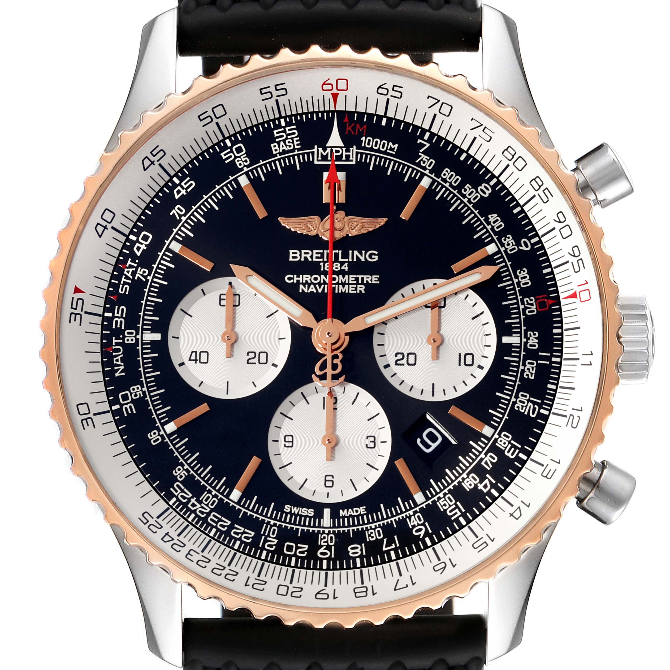 This image shows a close-up front view of the Breitling Navitimer UB0127 Men's Steel and Gold (two tone) Black Dial UB0127 Men's Steel and Gold (two tone) Black Dial watch, displaying its face, bezel, and chronograph dials.