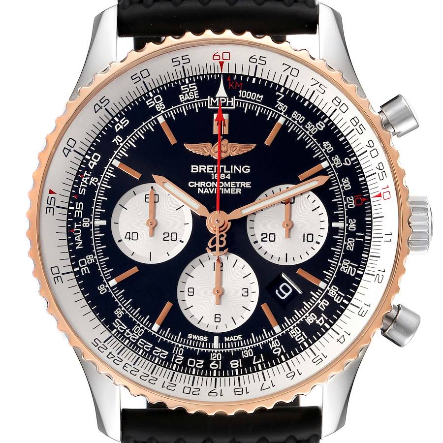 This image shows a close-up front view of the Breitling Navitimer UB0127 Men's Steel and Gold (two tone) Black Dial UB0127 Men's Steel and Gold (two tone) Black Dial watch, displaying its face, bezel, and chronograph dials.