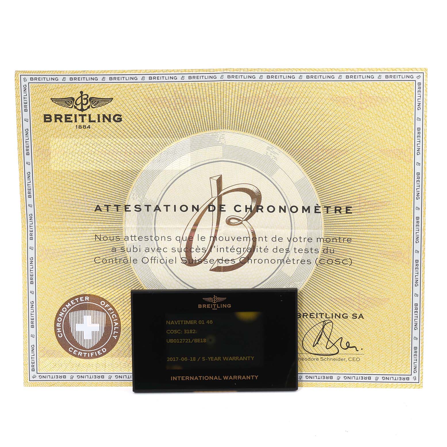 The image shows the certification and warranty card for a Breitling Navitimer UB0127 Men's Steel and Gold (two tone) Black Dial UB0127 Men's Steel and Gold (two tone) Black Dial model 01.46 watch.