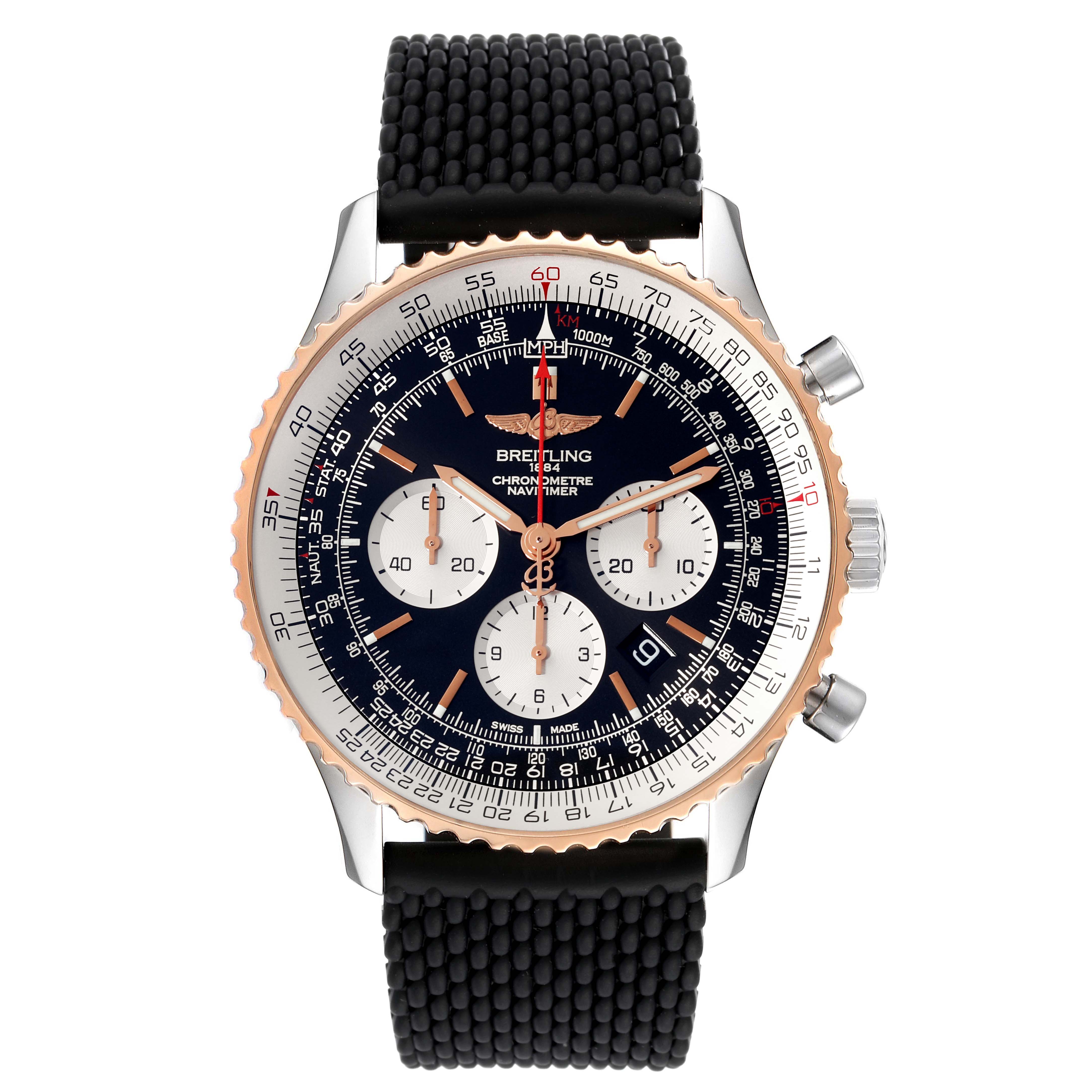 The image shows a front view of a Breitling Navitimer UB0127 Men's Steel and Gold (two tone) Black Dial UB0127 Men's Steel and Gold (two tone) Black Dial watch, detailing its dial, bezel, and black strap.