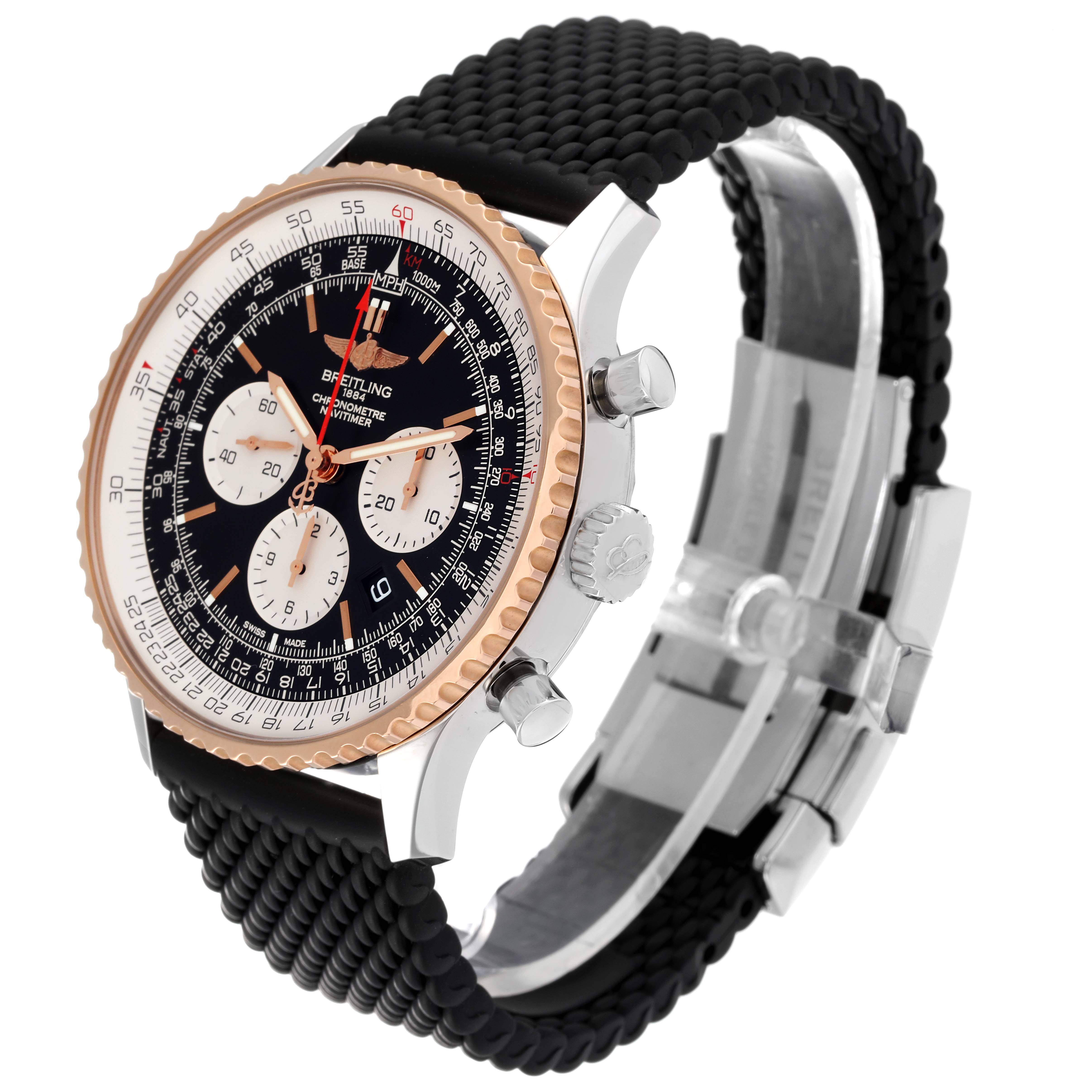 The Breitling Navitimer UB0127 Men's Steel and Gold (two tone) Black Dial UB0127 Men's Steel and Gold (two tone) Black Dial watch is shown at a three-quarter angle, displaying the face, crown, pushers, and part of the strap and clasp.
