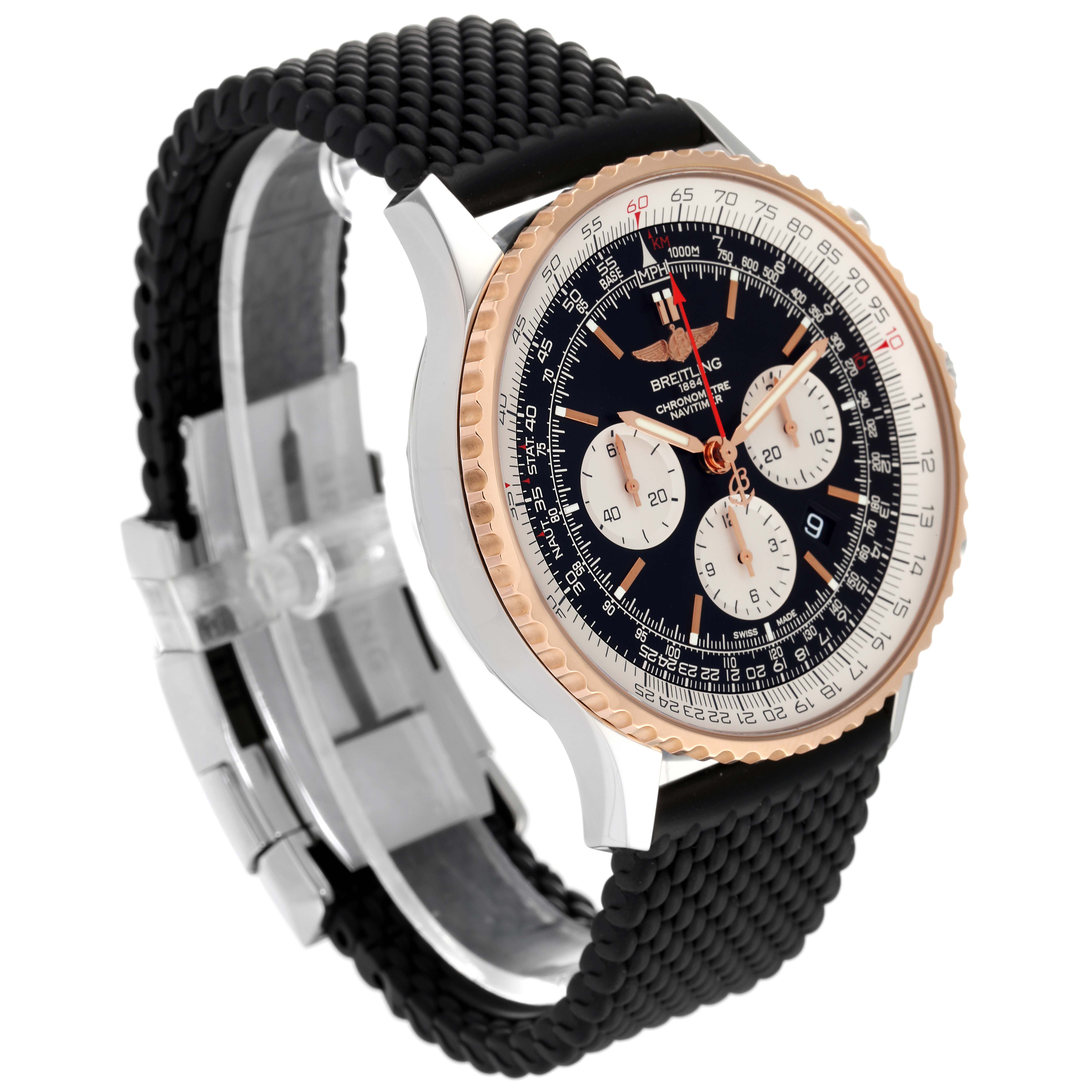 The image shows a Breitling Navitimer UB0127 Men's Steel and Gold (two tone) Black Dial UB0127 Men's Steel and Gold (two tone) Black Dial watch at an angled side view, highlighting the face, bezel, and black strap.