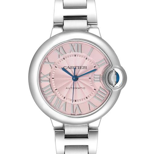 The Cartier Ballon Bleu W6920100 Women's Stainless Steel Pink Dial W6920100 Women's Stainless Steel Pink Dial watch is shown from the front, highlighting the pink dial, Roman numerals, blued hands, and bracelet.