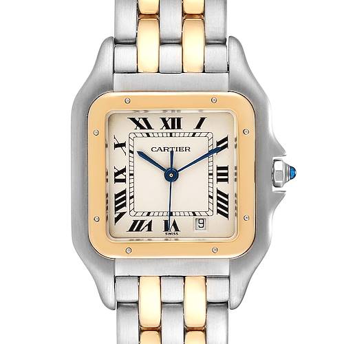The image shows a close-up, front view of the Cartier Panthere W25028B8 Men's Steel and Gold (two tone) Silver Dial W25028B8 Men's Steel and Gold (two tone) Silver Dial watch, highlighting the face, bezel, and a part of the bracelet.