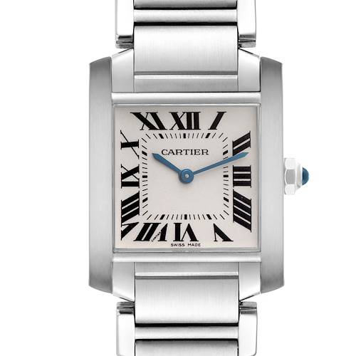 The Cartier Tank Francaise W51003Q3 Women's Stainless Steel Silver Dial W51003Q3 Women's Stainless Steel Silver Dial watch is shown from the front, highlighting the dial, Roman numerals, hands, case, and bracelet.
