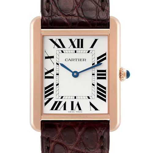This image shows a front view of a Cartier Tank Solo W5200025 Men's Rose Gold Silver Dial W5200025 Men's Rose Gold Silver Dial watch, displaying the dial, hands, and part of the leather strap.