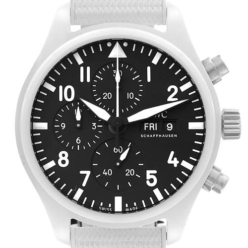 The IWC Pilot IW389105 Men's Ceramic Grey Dial IW389105 Men's Ceramic Grey Dial model watch is shown from a front angle, featuring the face, dials, and crown.