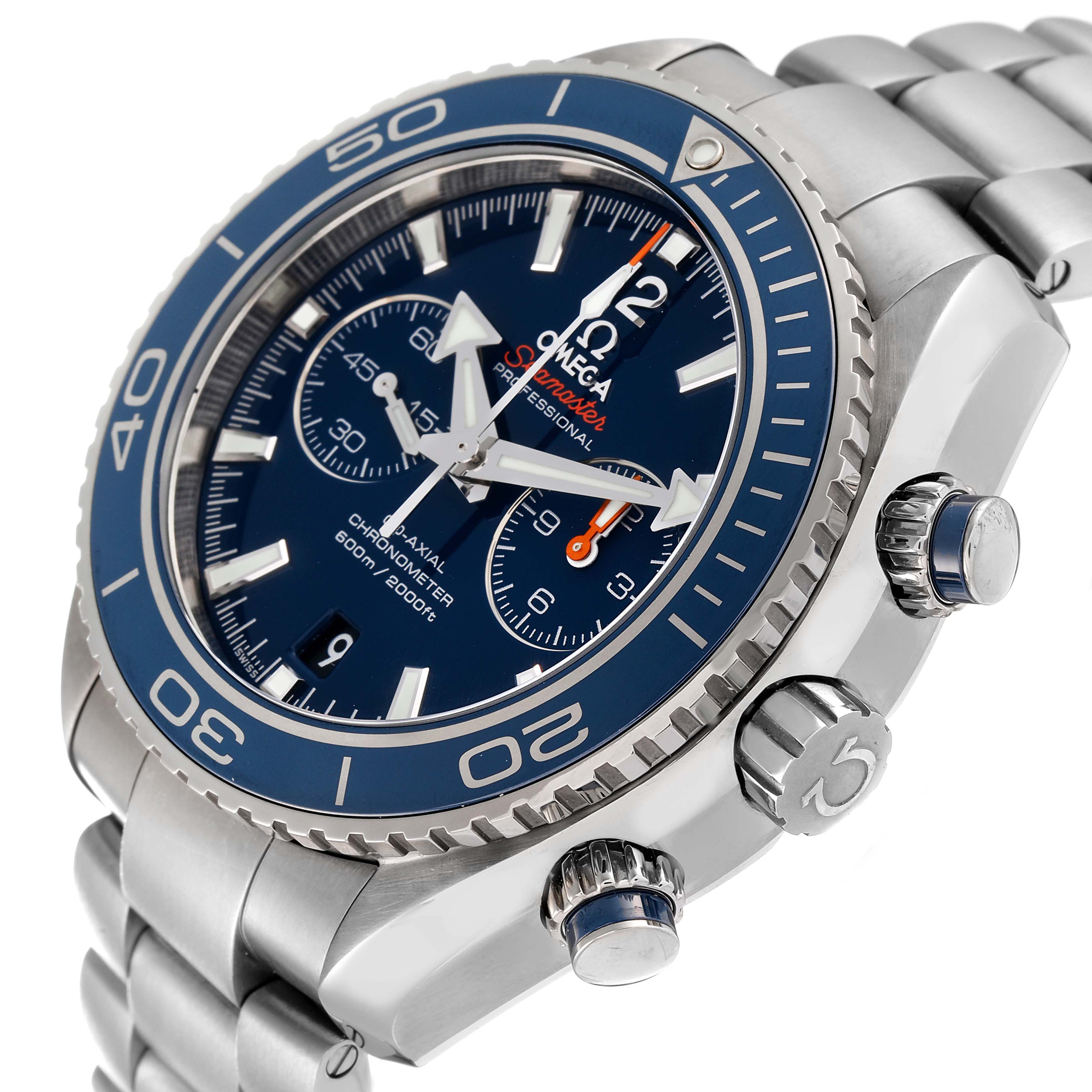 The Omega Planet Ocean 232.90.46.51.03.001 Men's Titanium Blue Dial 232.90.46.51.03.001 Men's Titanium Blue Dial watch is shown at an angled side view, highlighting its crown, bezel, and chronograph buttons.