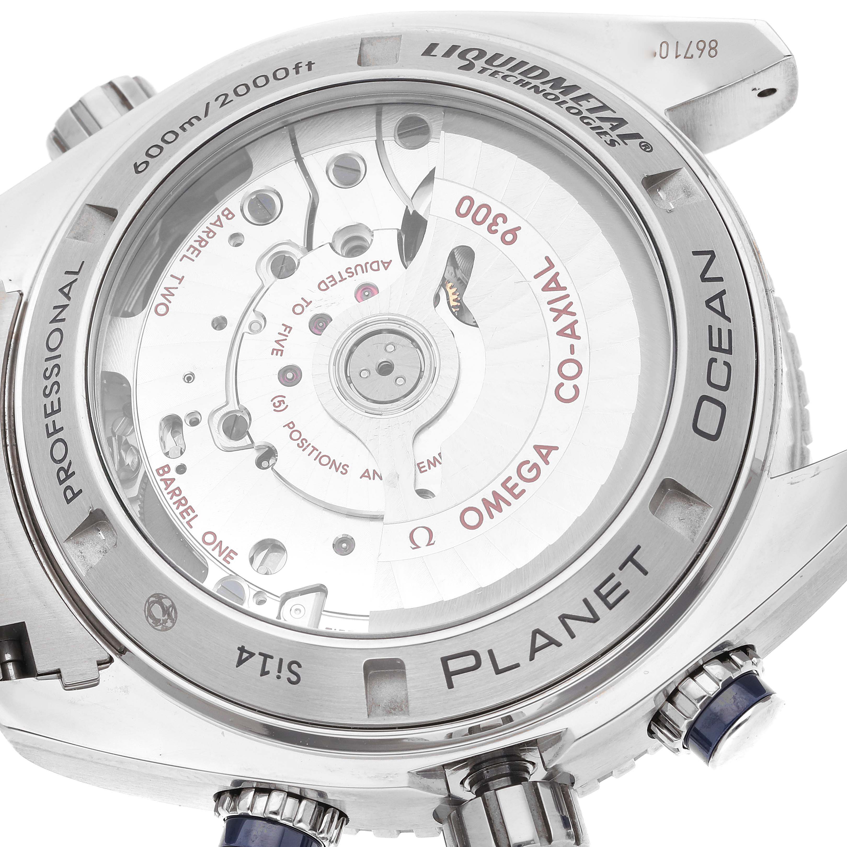 The image shows the back view of the Omega Planet Ocean 232.90.46.51.03.001 Men's Titanium Blue Dial 232.90.46.51.03.001 Men's Titanium Blue Dial watch, displaying its transparent case and internal mechanics.