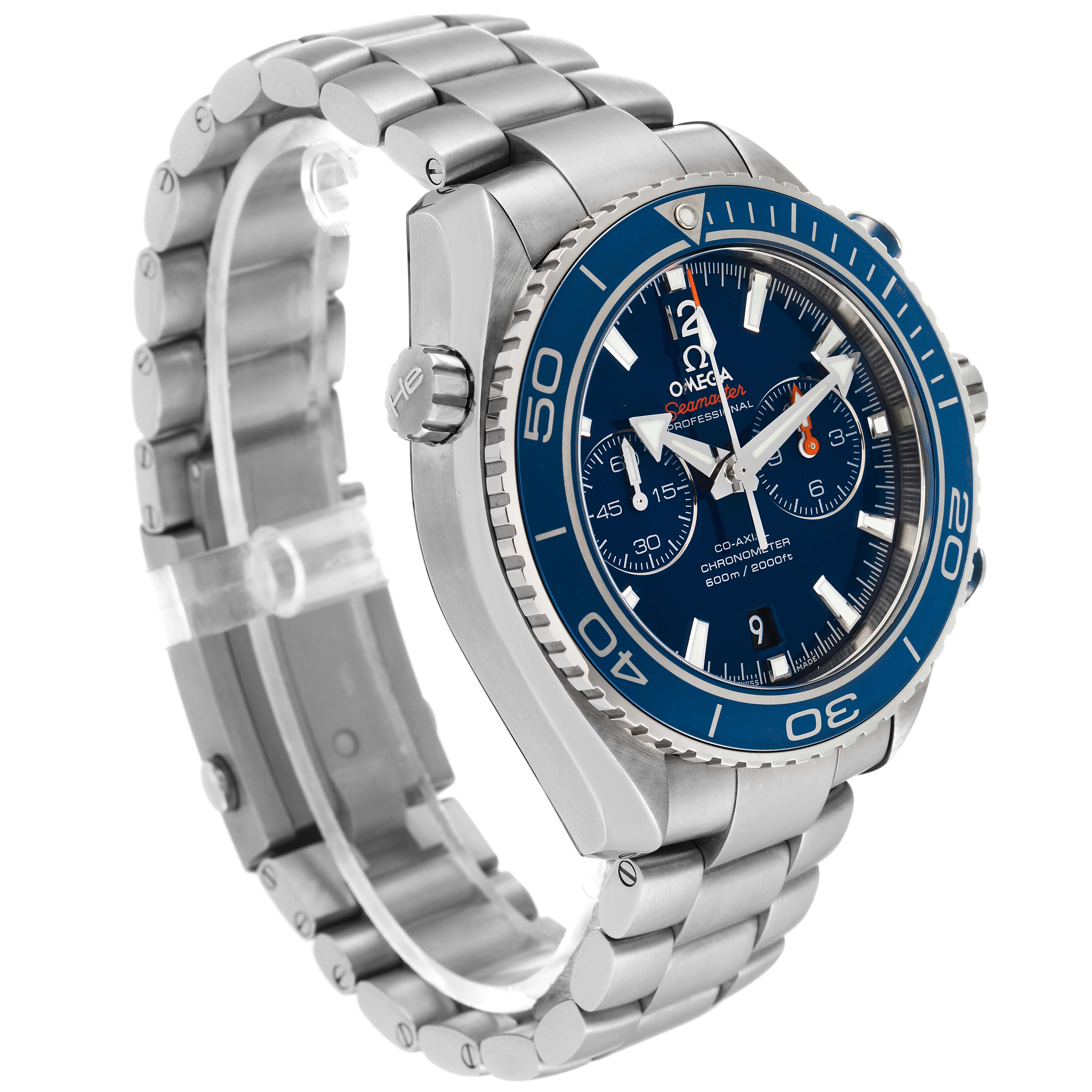 The image shows a side angle of the Omega Planet Ocean 232.90.46.51.03.001 Men's Titanium Blue Dial 232.90.46.51.03.001 Men's Titanium Blue Dial watch, featuring the bezel, dial, crown, and stainless steel bracelet.