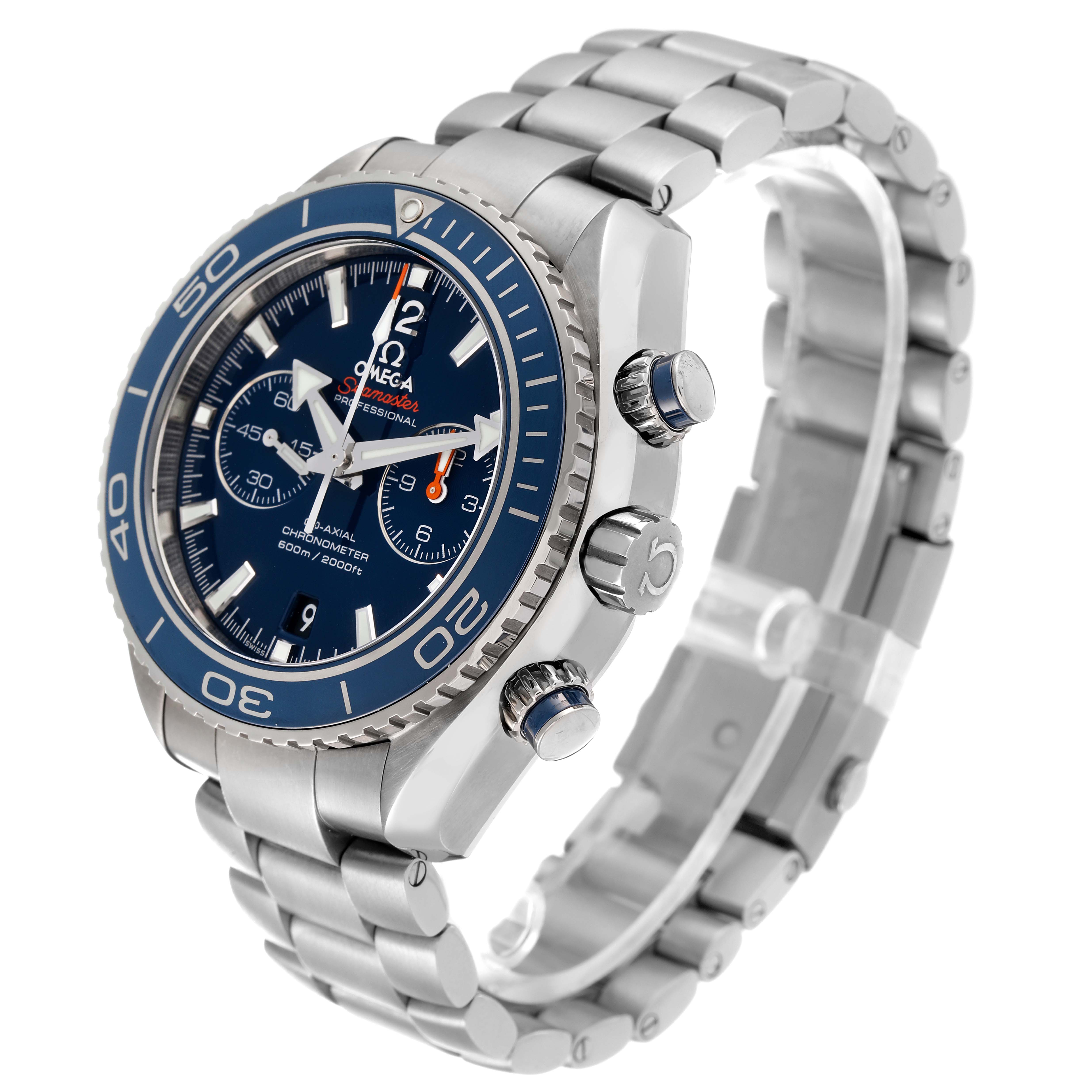 The image shows the Omega Planet Ocean 232.90.46.51.03.001 Men's Titanium Blue Dial 232.90.46.51.03.001 Men's Titanium Blue Dial watch angled from the front-left, highlighting the dial, bezel, and bracelet.