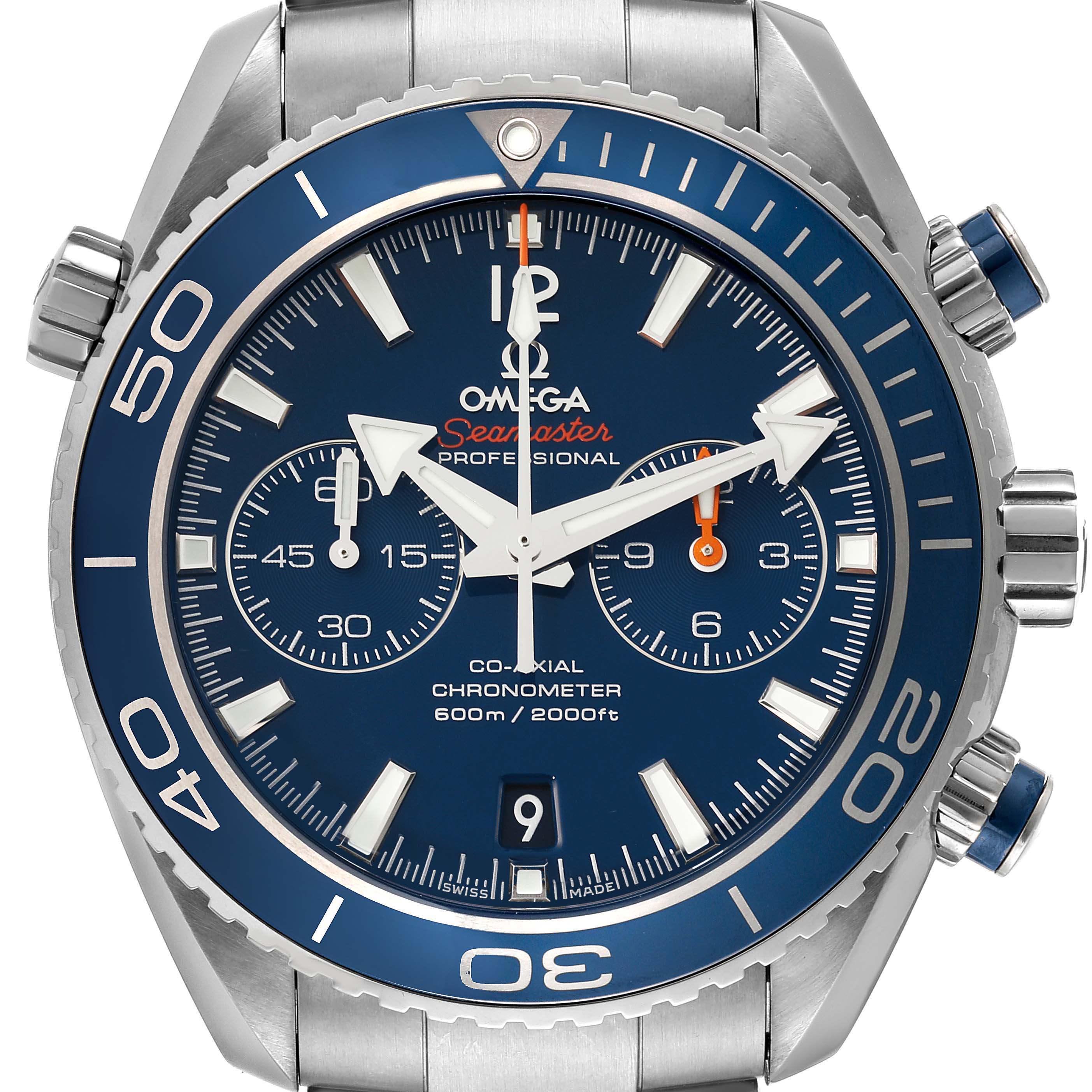 The image shows a front view of the Omega Planet Ocean 232.90.46.51.03.001 Men's Titanium Blue Dial 232.90.46.51.03.001 Men's Titanium Blue Dial watch, displaying its blue dial, chronograph subdials, and bezel.