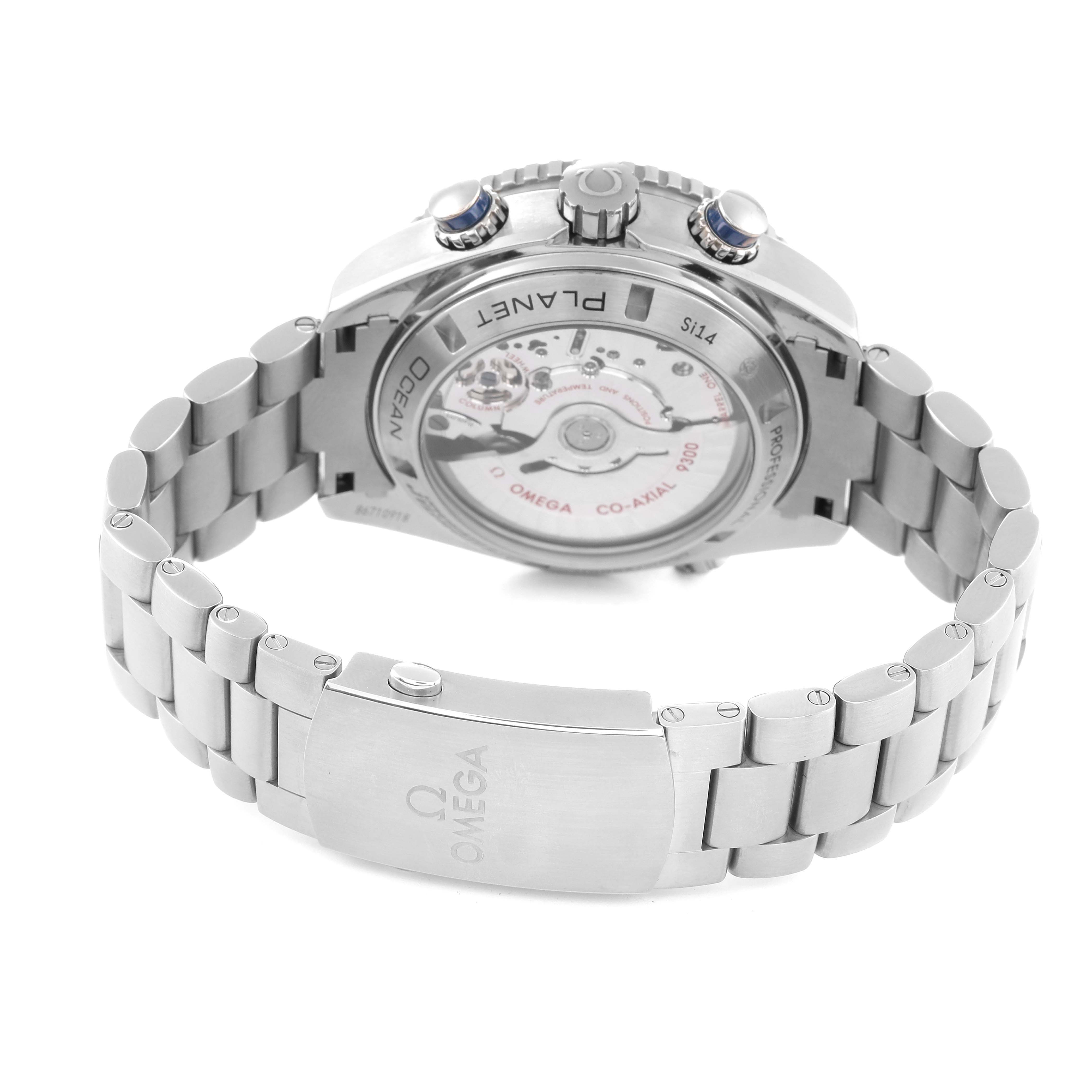 The image shows the back view of an Omega Planet Ocean 232.90.46.51.03.001 Men's Titanium Blue Dial 232.90.46.51.03.001 Men's Titanium Blue Dial watch, highlighting the mechanism and bracelet clasp.