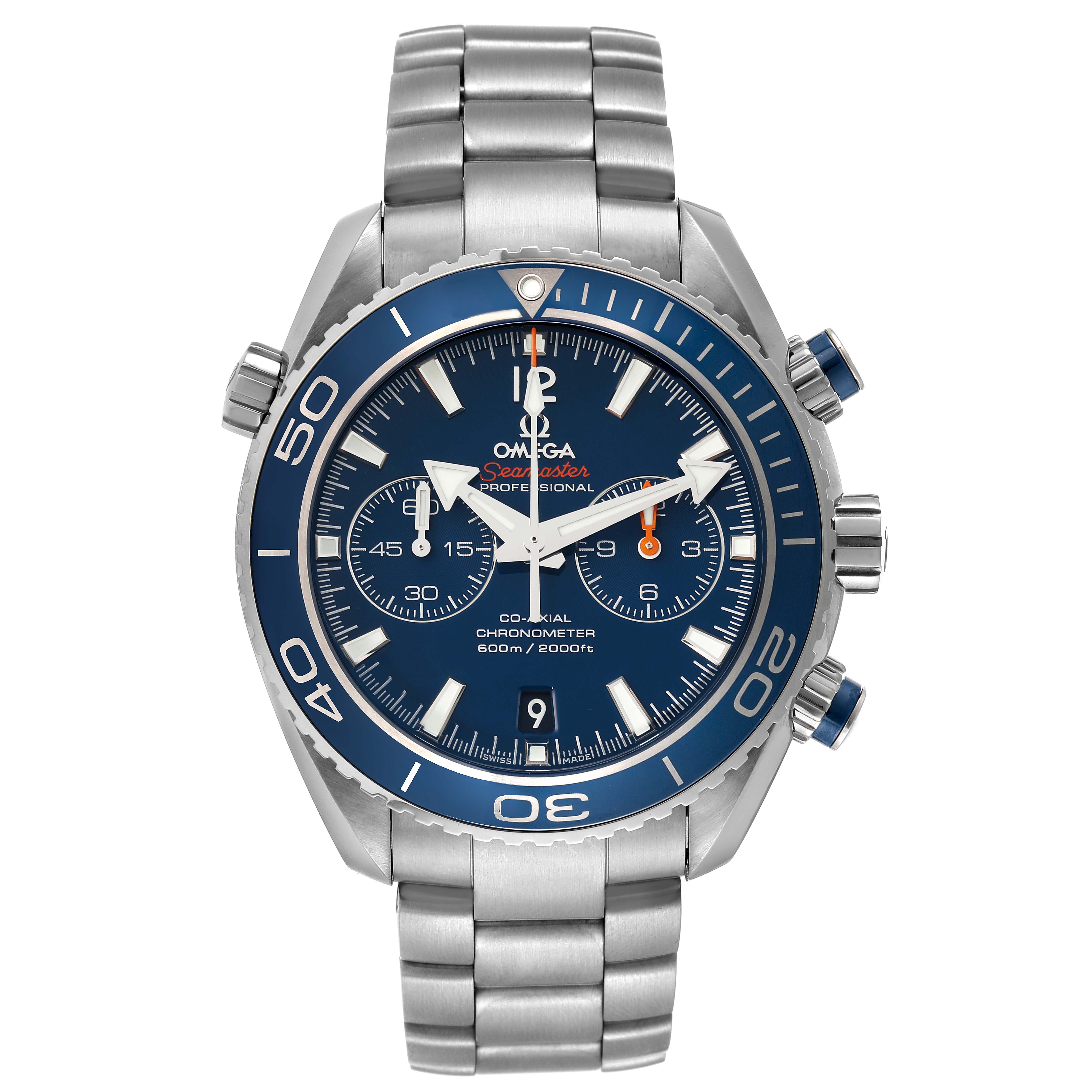 The image shows a front view of the Omega Planet Ocean 232.90.46.51.03.001 Men's Titanium Blue Dial 232.90.46.51.03.001 Men's Titanium Blue Dial watch, displaying its dial, bezel, crown, and stainless steel bracelet.