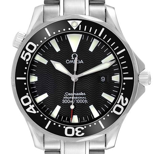 The image shows a front view of the Omega Seamaster 2264.50.00 Men's Stainless Steel Black Dial 2264.50.00 Men's Stainless Steel Black Dial watch, detailing the dial, bezel, hands, and part of the bracelet.