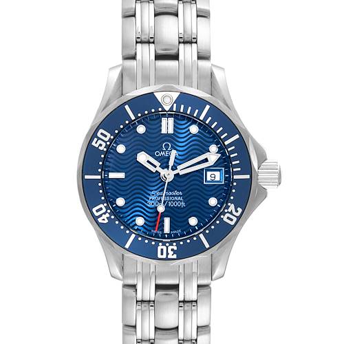 The Omega 2583.80.00 Women's Stainless Steel Blue Dial 2583.80.00 Women's Stainless Steel Blue Dial Seamaster Diver 300M 28mm Steel Ladies Watch 2583.80.00 is shown from a front angle showcasing its blue dial and bezel.