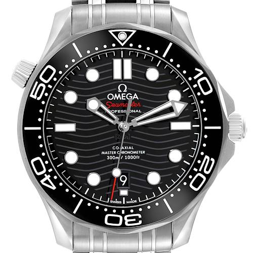 This image shows a frontal view of the Omega Seamaster 210.30.42.20.01.001 Men's Stainless Steel Black Dial 210.30.42.20.01.001 Men's Stainless Steel Black Dial watch, highlighting the dial, bezel, and part of the bracelet.