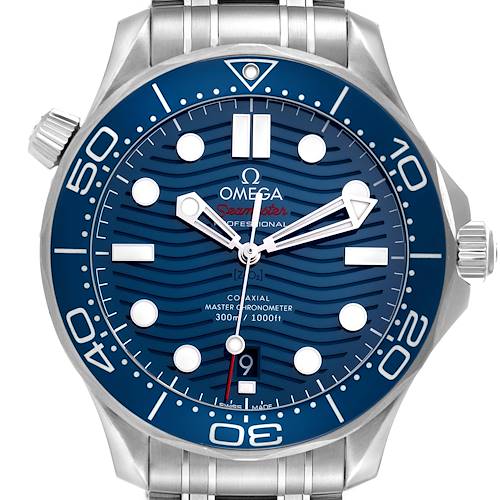 The Omega Seamaster 210.30.42.20.03.001 Men's Stainless Steel Blue Dial 210.30.42.20.03.001 Men's Stainless Steel Blue Dial watch is shown from a top-down angle, highlighting the dial, bezel, crown, and bracelet.