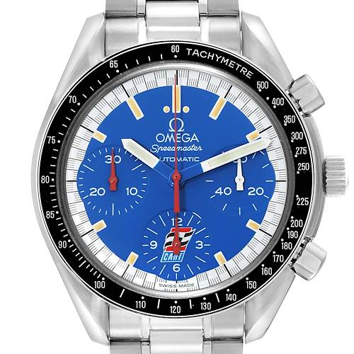 This Omega Speedmaster 3510.80.00 Men's Stainless Steel Blue Dial 3510.80.00 Men's Stainless Steel Blue Dial watch is shown from a front angle, highlighting the face, bezel, and part of the bracelet.