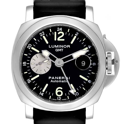 The image shows a Panerai Luminor PAM00088 Men's Stainless Steel Black Dial PAM00088 Men's Stainless Steel Black Dial watch front view, highlighting its dial, hands, crown protector, and black strap.