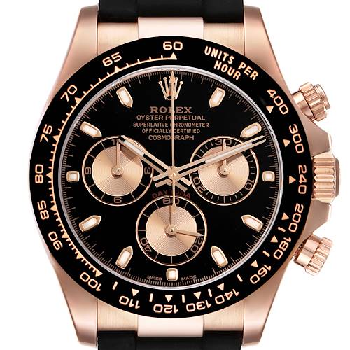 The image shows a close-up of the Rolex Daytona 116515LN Men's Rose Gold Black Dial 116515LN Men's Rose Gold Black Dial watch face, including the bezel, crown, and side pushers.
