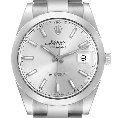 The Rolex Datejust 126300 Men's Stainless Steel Silver Dial 126300 Men's Stainless Steel Silver Dial watch is shown from a front angle, highlighting the dial, hands, markers, crown, and date window.