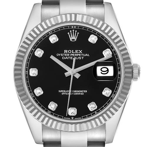 The Rolex Datejust watch is shown from a front angle, highlighting the face, bezel, and date window.