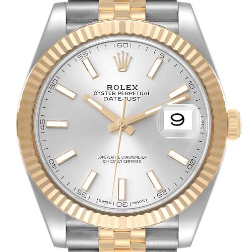 The image shows the face of the Rolex Datejust 41 126333 Men's Steel and Gold (two tone) Silver Dial 126333 Men's Steel and Gold (two tone) Silver Dial watch, highlighting its dial, fluted bezel, and date window, viewed straight-on.