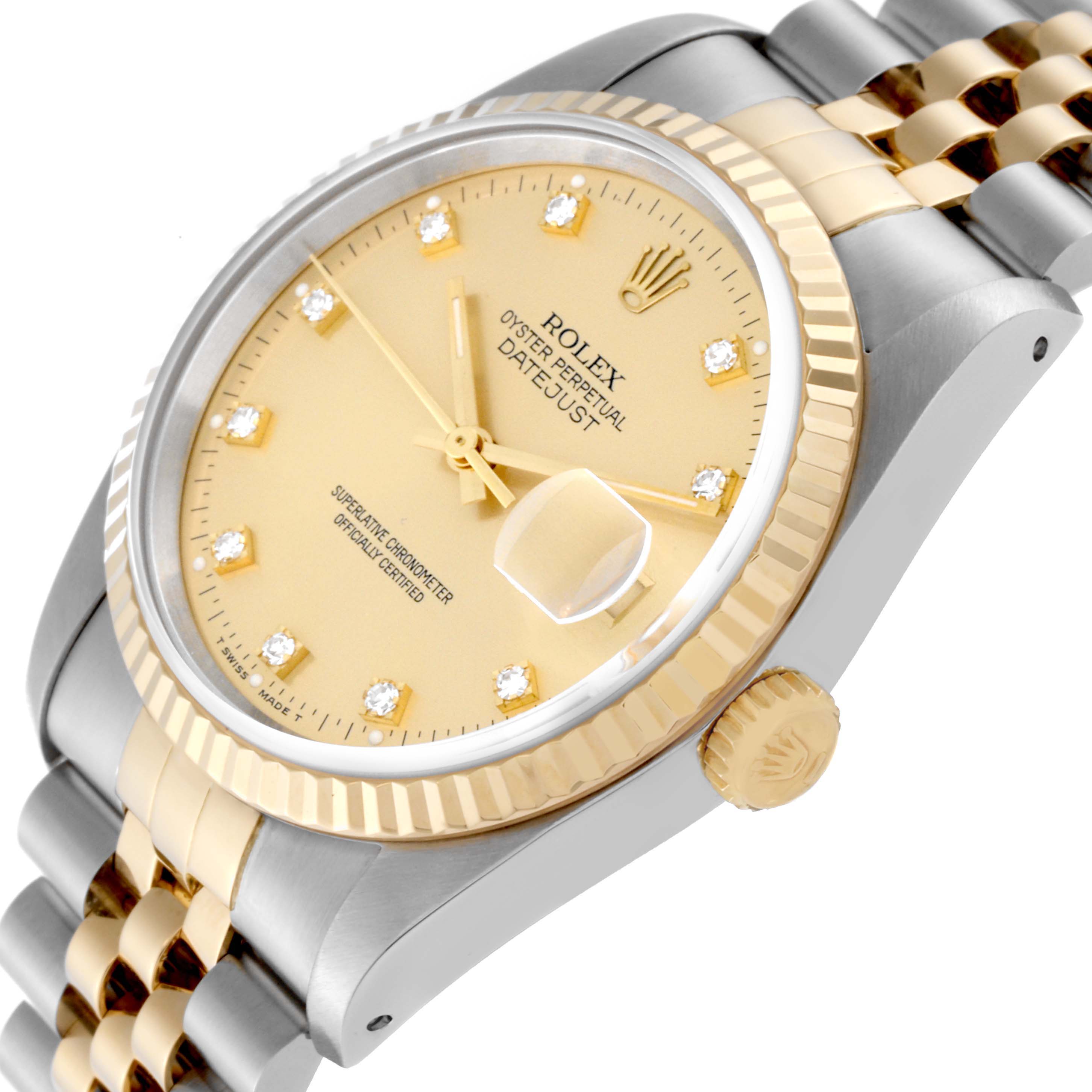The image shows the Rolex Datejust 16233 Men's Steel and Gold (two tone) Champagne Dial 16233 Men's Steel and Gold (two tone) Champagne Dial watch at an angled view, highlighting the dial, bezel, and crown.