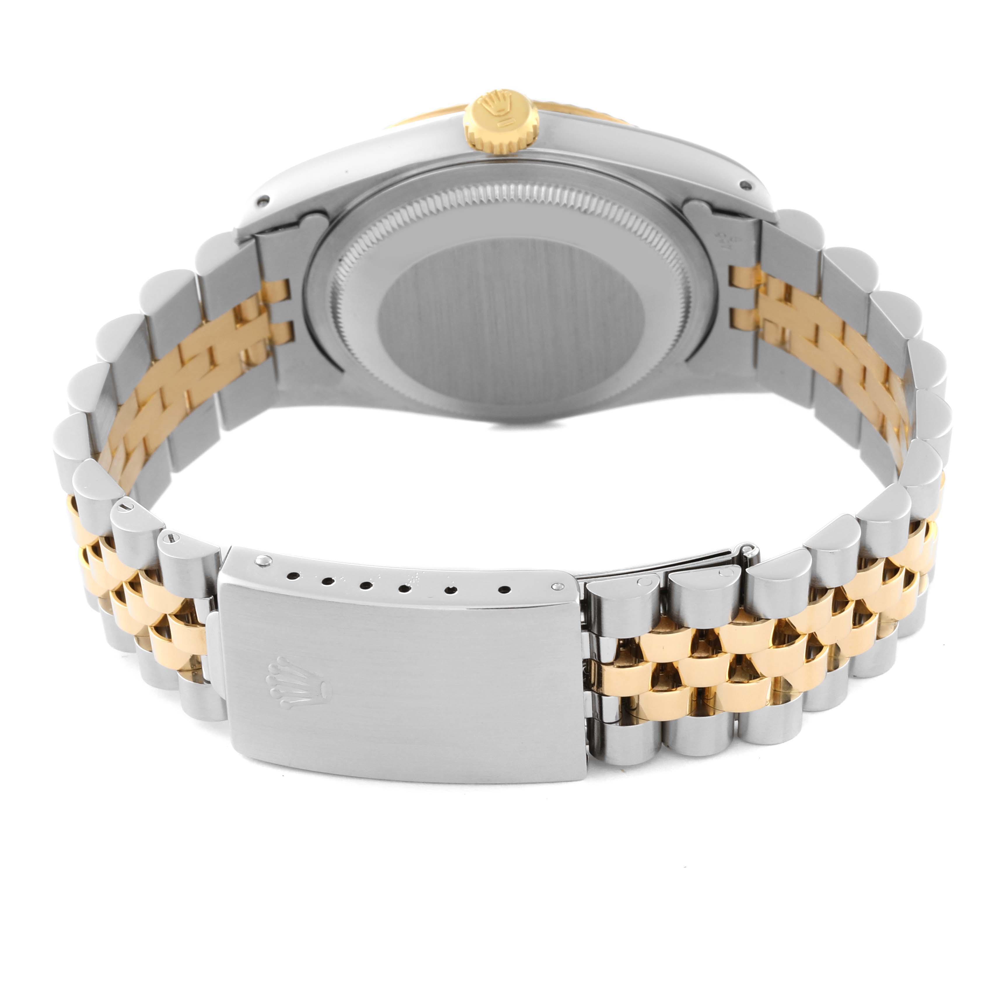 This image shows the back view of a Rolex Datejust 16233 Men's Steel and Gold (two tone) Champagne Dial 16233 Men's Steel and Gold (two tone) Champagne Dial watch, focusing on its two-tone bracelet and closed clasp.