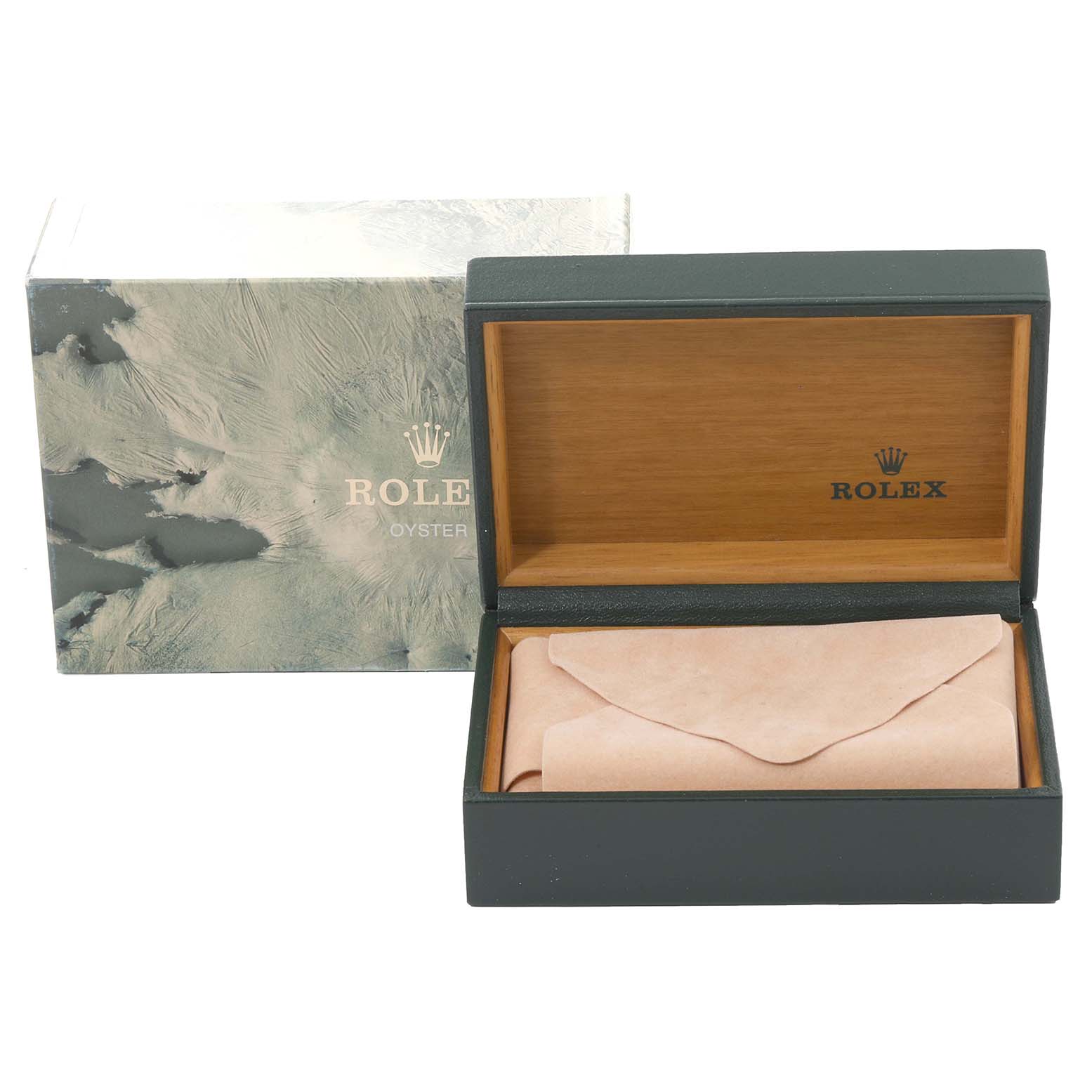 The image shows a Rolex Datejust 16233 Men's Steel and Gold (two tone) Champagne Dial 16233 Men's Steel and Gold (two tone) Champagne Dial watch box and inner packaging, photographed slightly from the front.