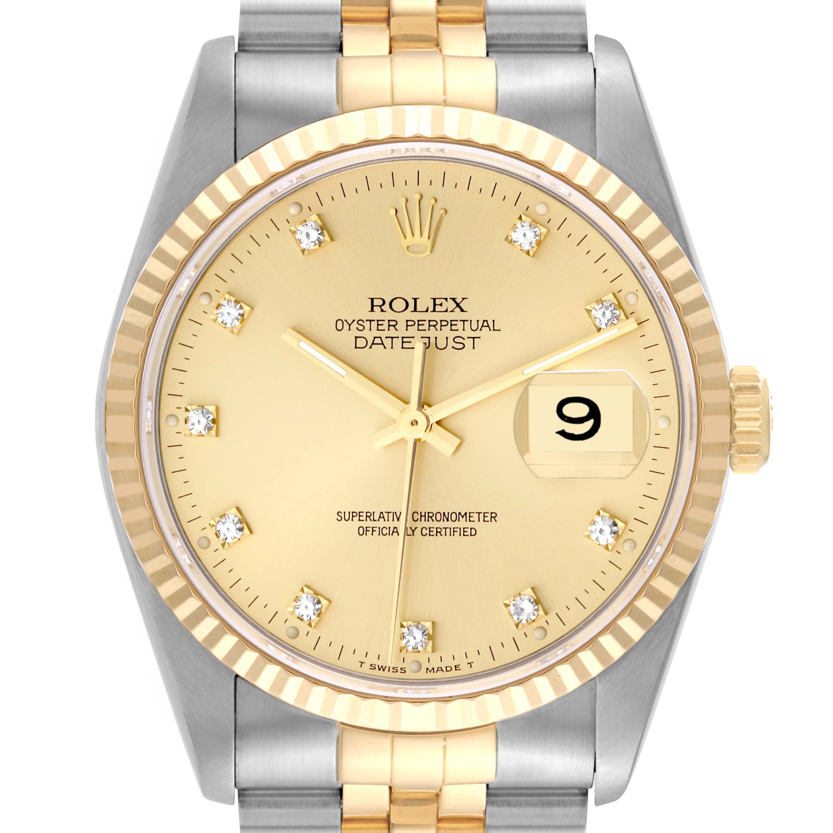 This image shows a Rolex Datejust 16233 Men's Steel and Gold (two tone) Champagne Dial 16233 Men's Steel and Gold (two tone) Champagne Dial watch head-on, highlighting the face, bezel, crown, and part of the bracelet.