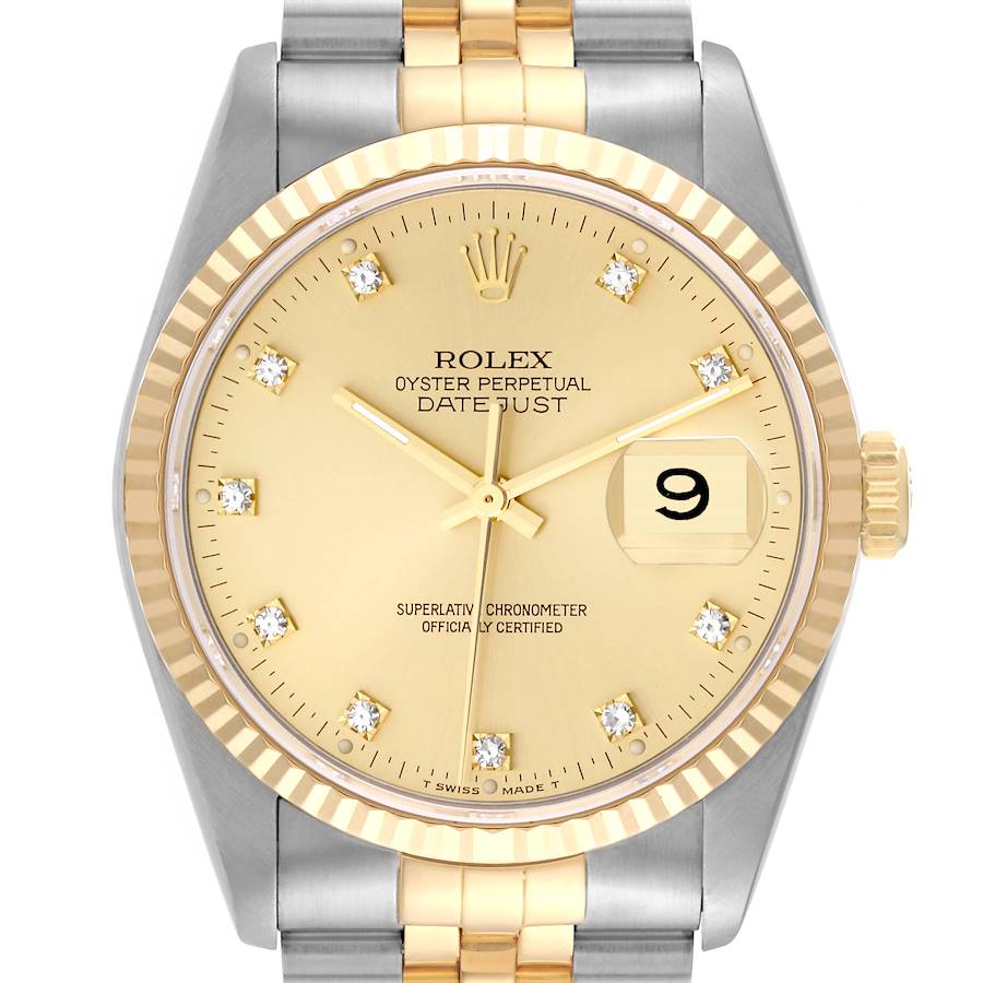 This image shows a Rolex Datejust 16233 Men's Steel and Gold (two tone) Champagne Dial 16233 Men's Steel and Gold (two tone) Champagne Dial watch head-on, highlighting the face, bezel, crown, and part of the bracelet.
