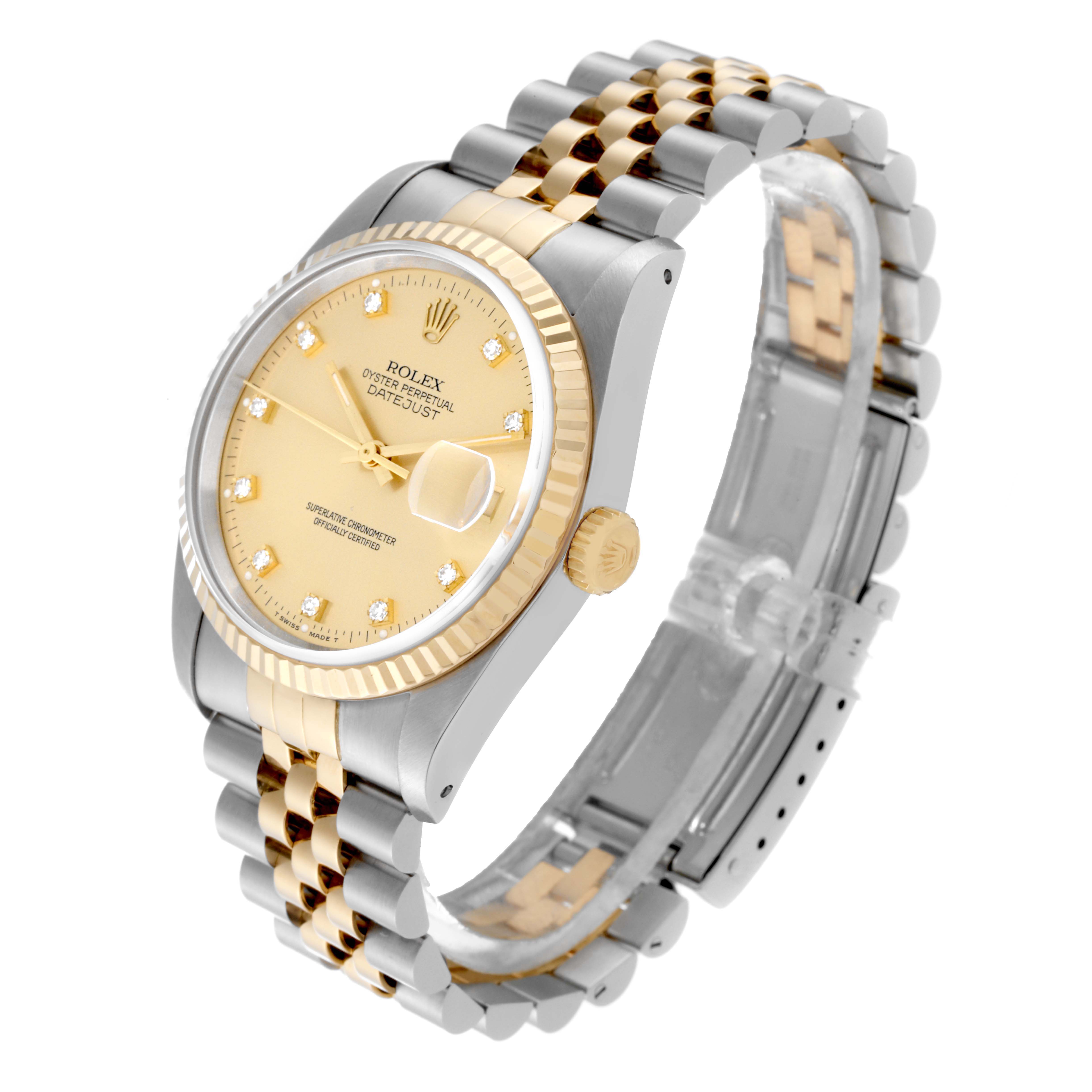 The Rolex Datejust 16233 Men's Steel and Gold (two tone) Champagne Dial 16233 Men's Steel and Gold (two tone) Champagne Dial watch is shown at a three-quarter angle, highlighting its gold and silver band, dial, and fluted bezel.