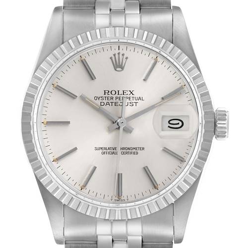 The Rolex Datejust 16030 Men's Stainless Steel Silver Dial 16030 Men's Stainless Steel Silver Dial watch is shown from a front angle, highlighting the dial, bezel, hands, date window, and part of the bracelet.