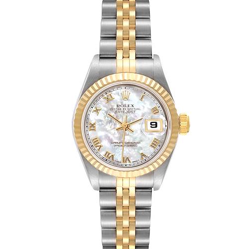 The Rolex Datejust 69173 Women's Steel and Gold (two tone) Mother of Pearl Dial 69173 Women's Steel and Gold (two tone) Mother of Pearl Dial watch is shown from a front angle, highlighting the bezel, dial, and two-tone bracelet.
