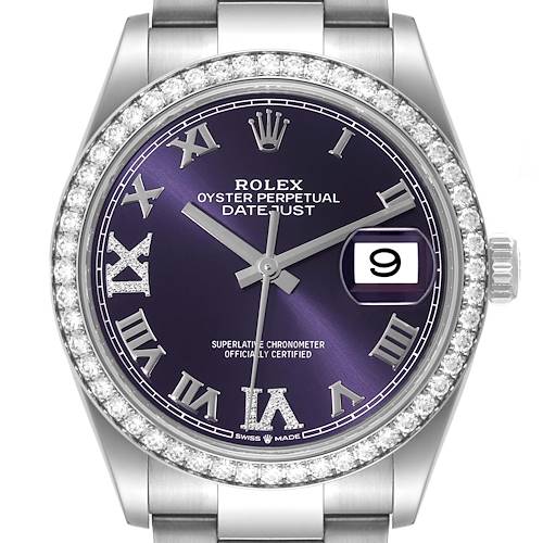 This image shows the front view of a Rolex Datejust 126284RBR Men's Stainless Steel Purple Dial 126284RBR Men's Stainless Steel Purple Dial watch, featuring a diamond bezel, purple dial, Roman numerals, and date display.