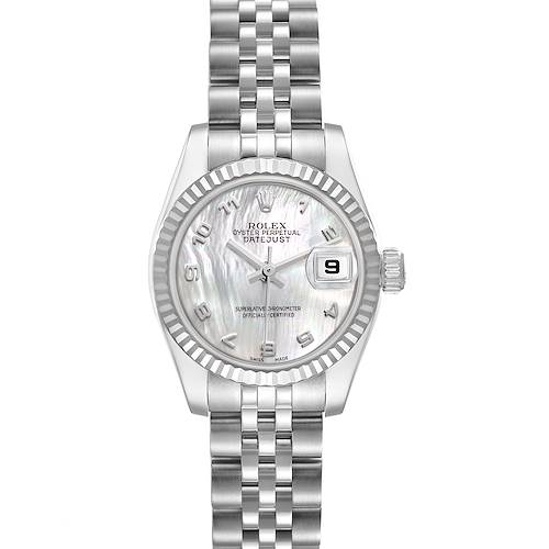 The Rolex Datejust 179174 Women's Stainless Steel Mother of Pearl Dial 179174 Women's Stainless Steel Mother of Pearl Dial watch is shown from a top-down angle, displaying the face, bracelet, and date window.