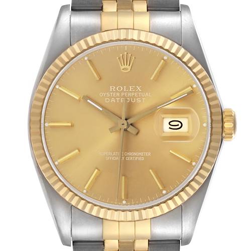 The Rolex Vintage Collection 16013 Men's Steel and Gold (two tone) Champagne Dial 16013 Men's Steel and Gold (two tone) Champagne Dial watch is shown from the front, highlighting its gold dial, date window, and mixed metal bracelet.