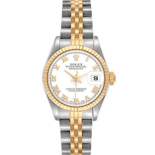 The Rolex Datejust 79173 Women's Steel and Gold (two tone) White Dial 79173 Women's Steel and Gold (two tone) White Dial watch is shown from a top-down angle, displaying the dial, bezel, bracelet, and date window.