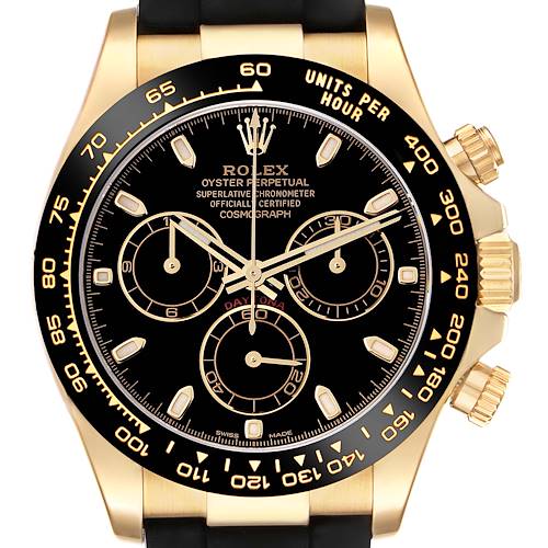 The image shows a front-facing view of a Rolex Daytona 116518 Men's Yellow Gold Black Dial 116518 Men's Yellow Gold Black Dial watch, including the dial, bezel, crown, and pushers.