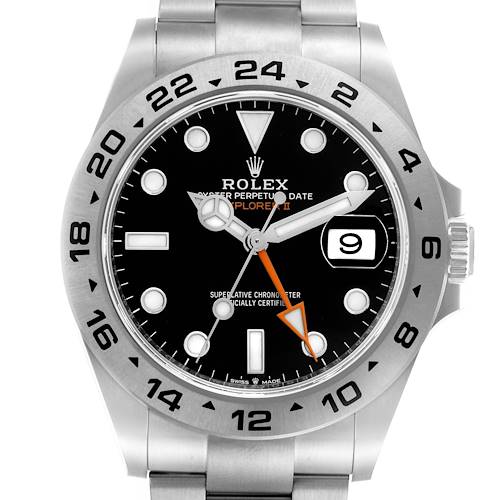 The Rolex Explorer 226570 Men's Stainless Steel Black Dial 226570 Men's Stainless Steel Black Dial watch is shown from the front, highlighting the dial, bezel, hands, date window, and part of the bracelet.